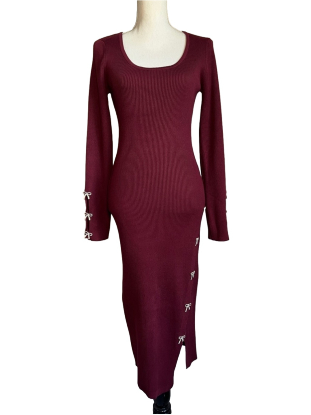 Rosie Harlow Burgundy Slim Ribbed Long Sleeve Sweater Dress